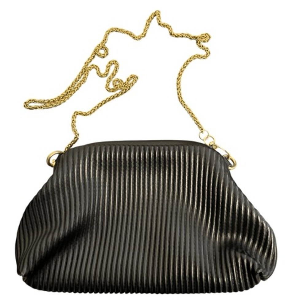 Anthropologie Black Pleated Frame Clutch Bag Gold Chain Crossbody Pouch